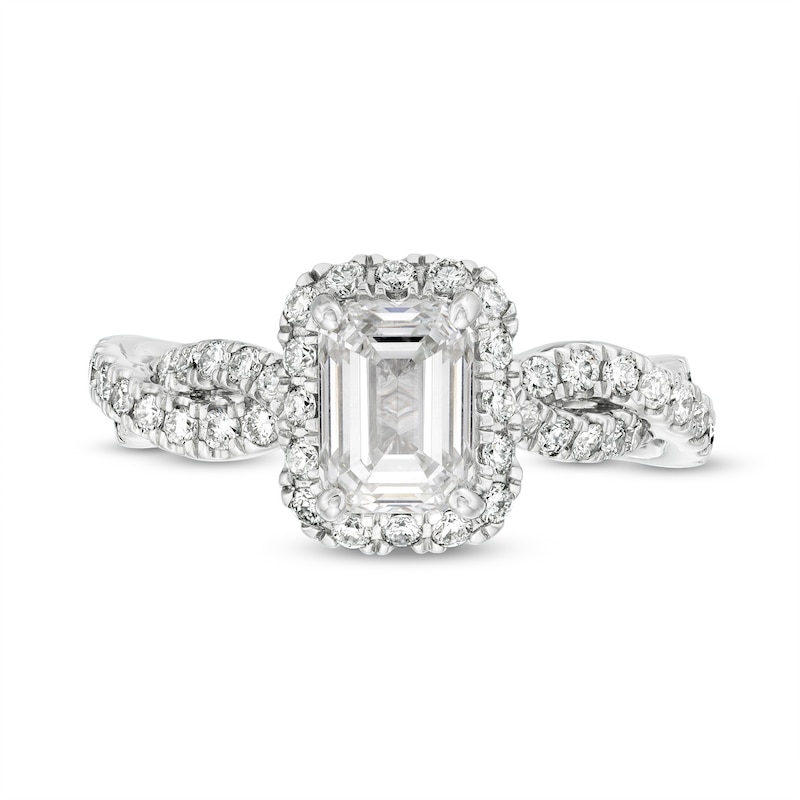 Kleinfeld® x Zales 2-1/5 CT. T.W. Certified Emerald-Cut Lab-Created Diamond Twist Engagement Ring in Platinum (F/VS2)