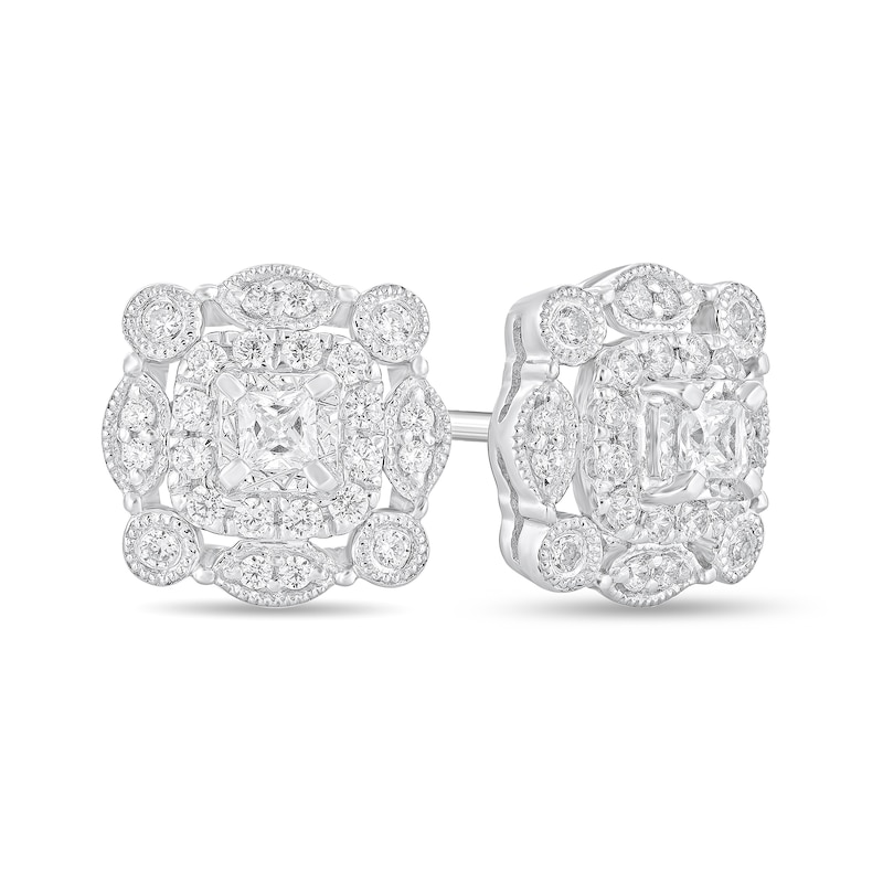 Main Image 1 of 1/2 CT. T.W. Princess-Cut Diamond Double Art Deco Frame Stud Earrings in 14K White Gold