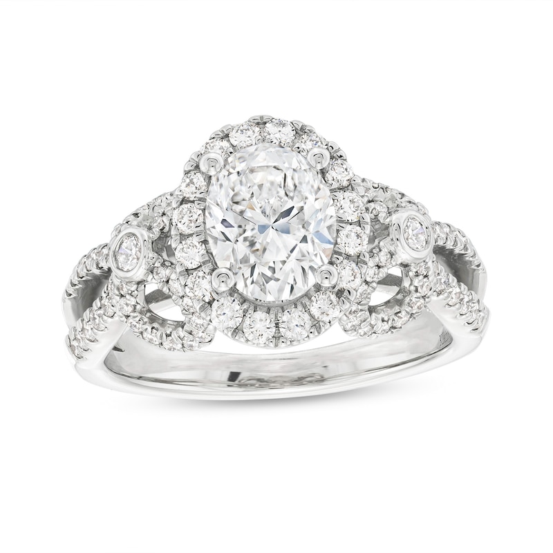 Main Image 1 of Kleinfeld® x Zales 2-1/5 CT. T.W. Certified Oval Lab-Grown Diamond Split Shank Engagement Ring in Platinum (F/VS2)