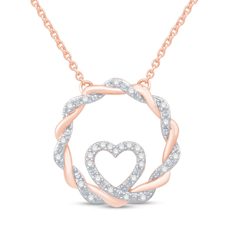 Main Image 1 of 1/10 CT. T.W. Diamond Twist Circle with Heart Necklace in 10K Rose Gold – 19&quot;