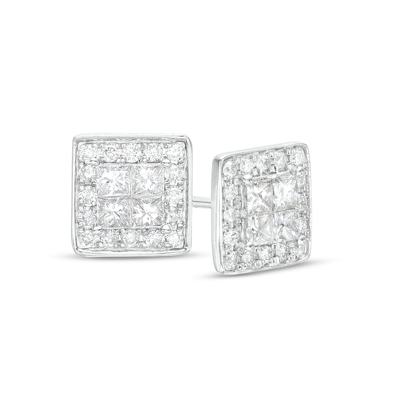 Main Image 1 of Men's 1 CT. T.W. Quad Square-Cut Diamond Frame Stud Earrings in 14K White Gold