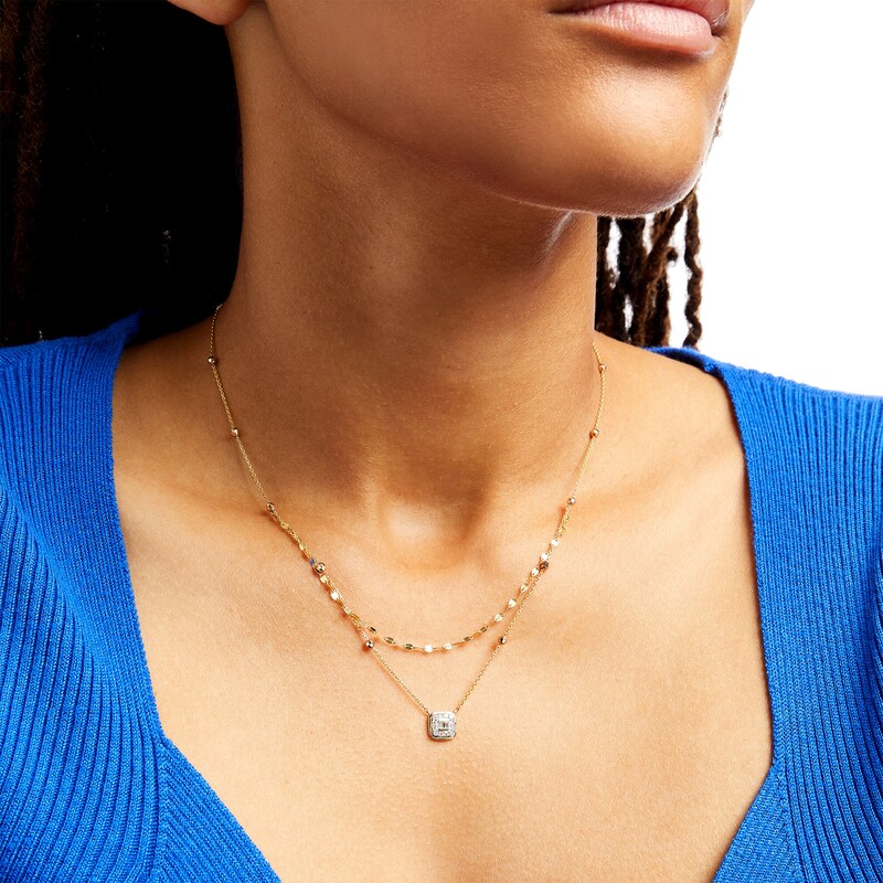 Main Image 2 of 1/6 CT. T.W. Cushion-Shaped Multi-Diamond Frame Double Strand Necklace in 10K Gold - 16.5"
