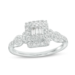 3/8 CT. T.W. Princess-Shaped Multi-Diamond Frame Twist Shank Engagement Ring in 10K White Gold