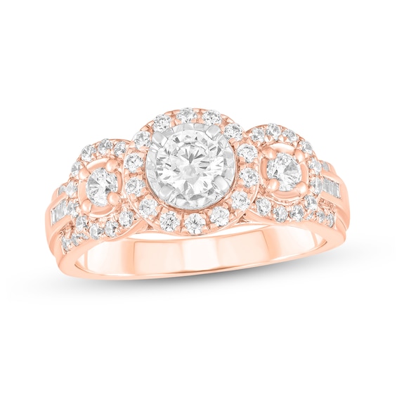 1 CT. T.W. Diamond Frame Three Stone Triple Row Engagement Ring in 14K Rose Gold