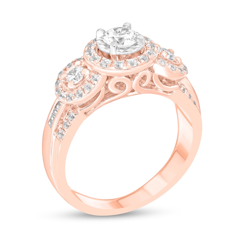 Main Image 2 of 1 CT. T.W. Diamond Frame Three Stone Triple Row Engagement Ring in 14K Rose Gold
