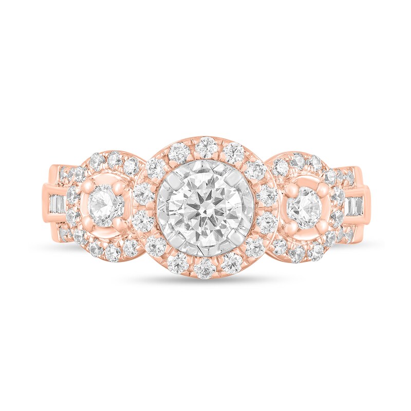 Main Image 3 of 1 CT. T.W. Diamond Frame Three Stone Triple Row Engagement Ring in 14K Rose Gold