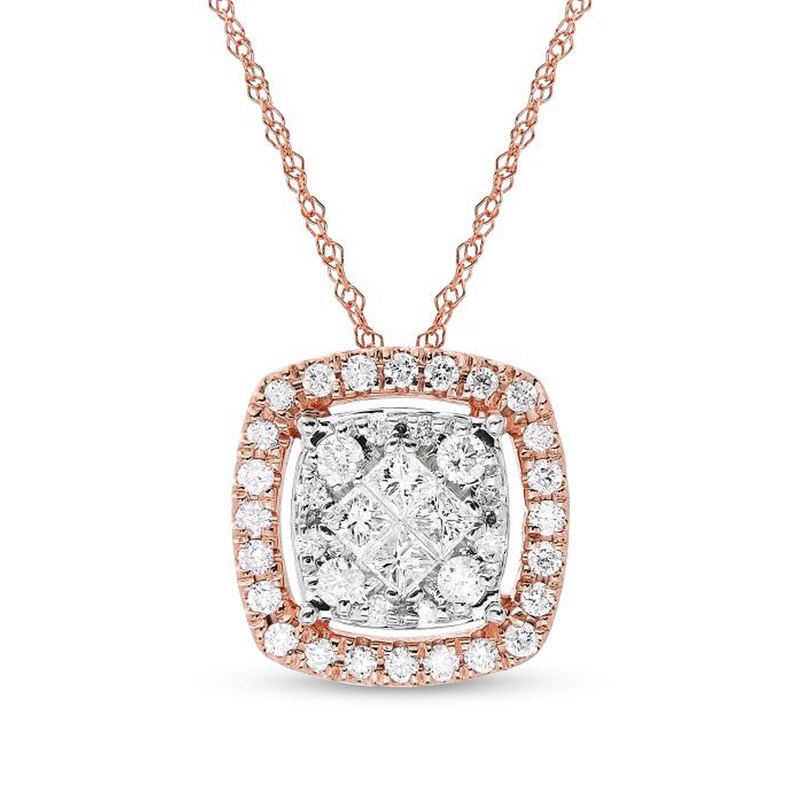 Main Image 1 of 1/2 CT. T.W. Cushion-Shaped Multi-Diamond Open Frame Pendant in 10K Rose Gold