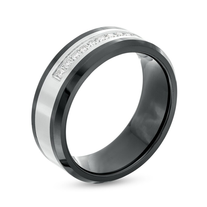 Main Image 3 of 1/6 CT. T.W. Diamond Wedding Band in Stainless Steel and Black Ceramic – Size 10