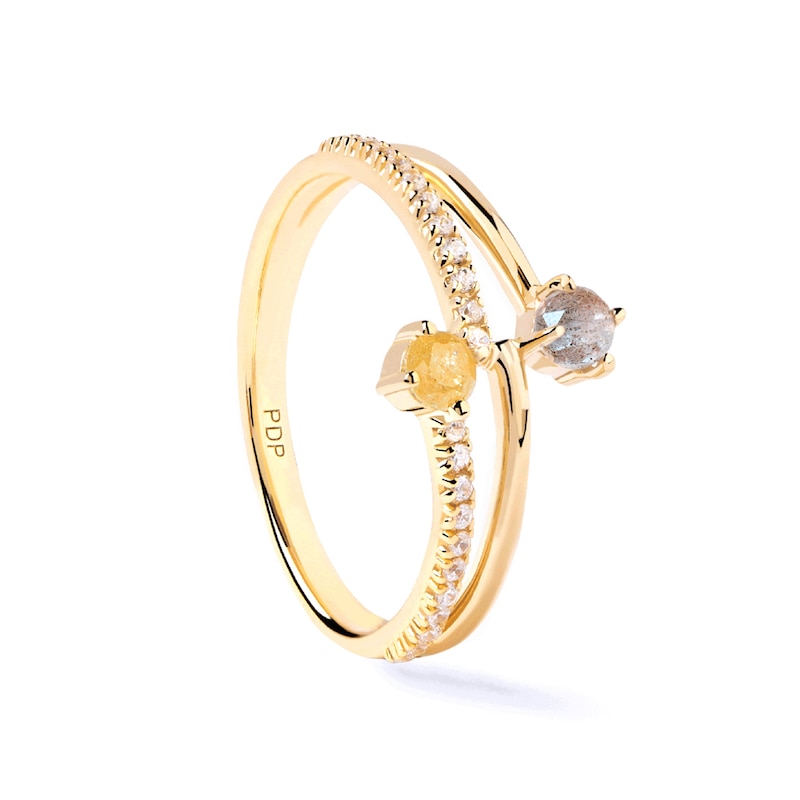 Main Image 1 of PDPAOLA™ at Zales Blue Labradorite and Multi-Color Cubic Zirconia Orbit Ring in Sterling Silver with 18K Gold Plate