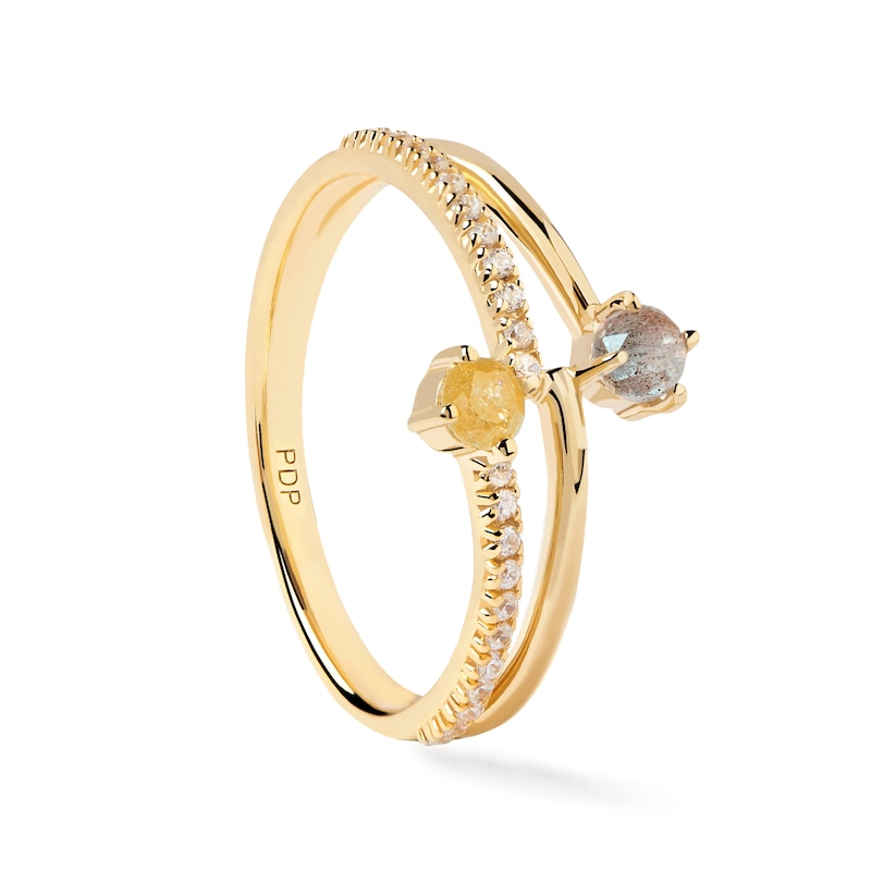 Main Image 3 of PDPAOLA™ at Zales Blue Labradorite and Multi-Color Cubic Zirconia Orbit Ring in Sterling Silver with 18K Gold Plate