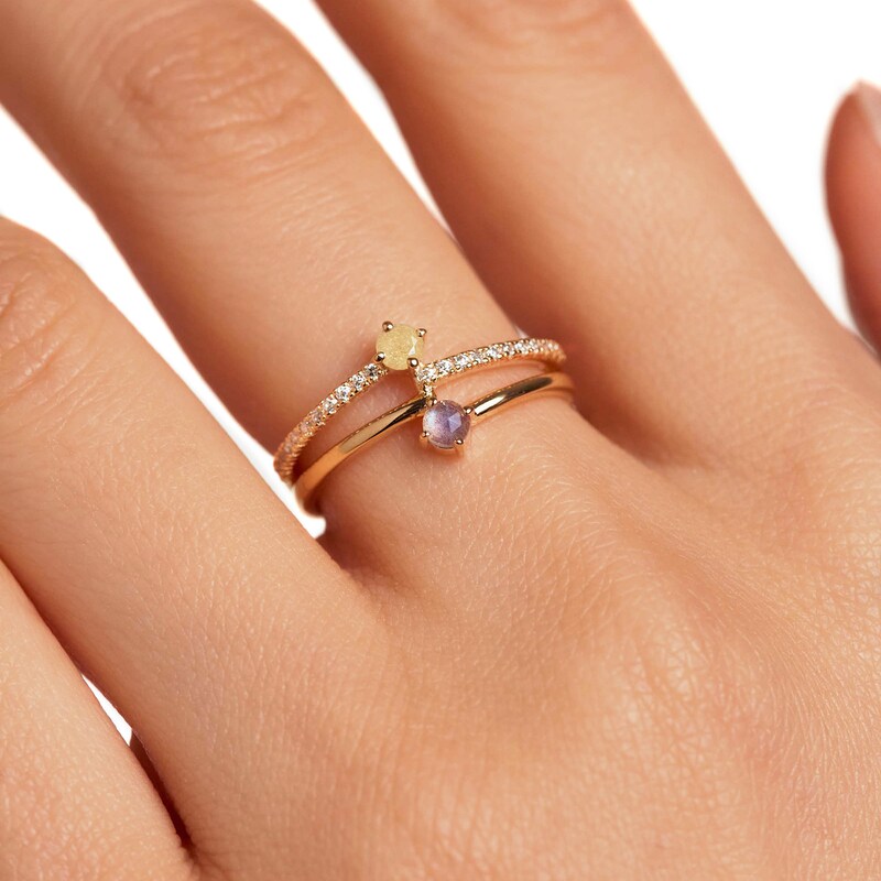 Main Image 4 of PDPAOLA™ at Zales Blue Labradorite and Multi-Color Cubic Zirconia Orbit Ring in Sterling Silver with 18K Gold Plate