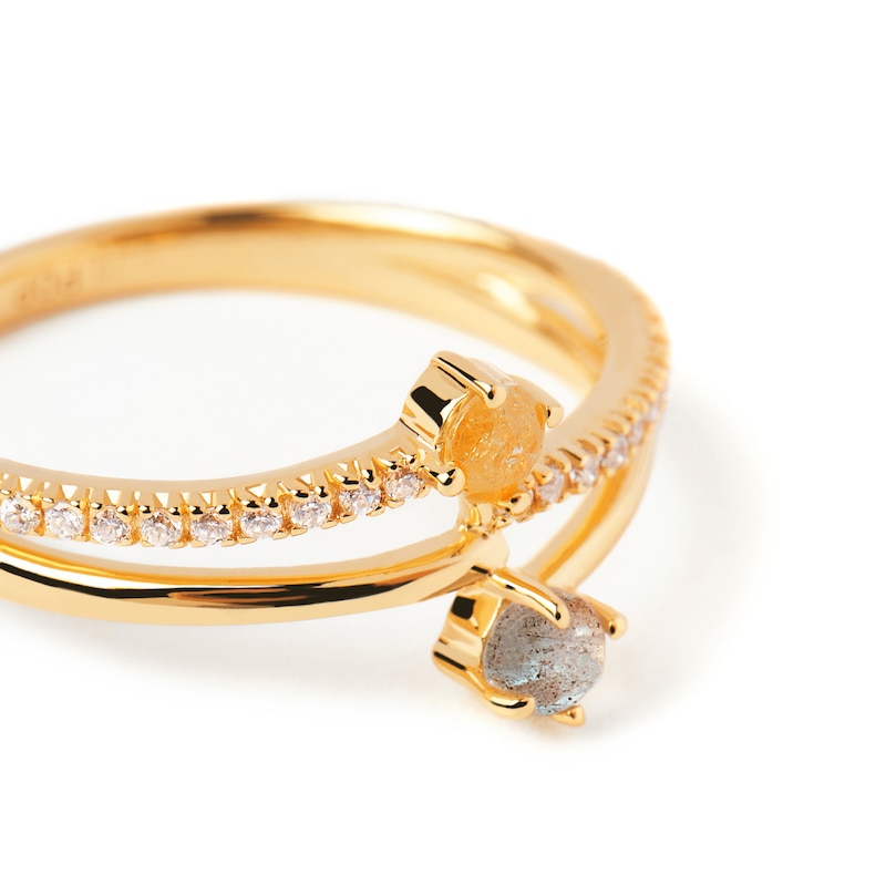 Main Image 5 of PDPAOLA™ at Zales Blue Labradorite and Multi-Color Cubic Zirconia Orbit Ring in Sterling Silver with 18K Gold Plate