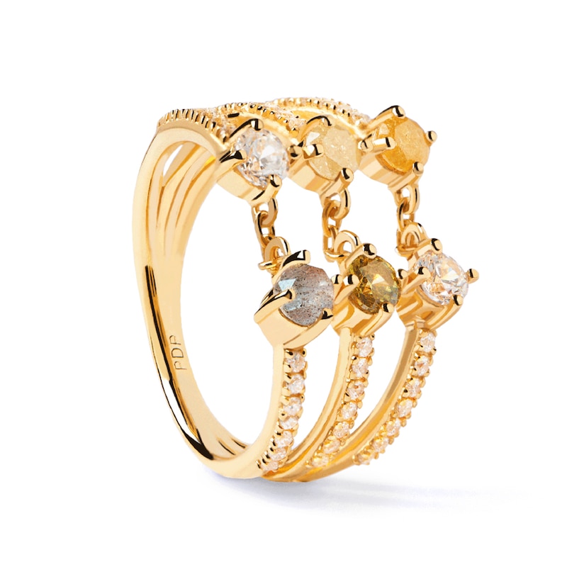 Main Image 1 of PDPAOLA™ at Zales Blue Labradorite and Multi-Color Cubic Zirconia Triple Row Ring in Sterling Silver with 18K Gold