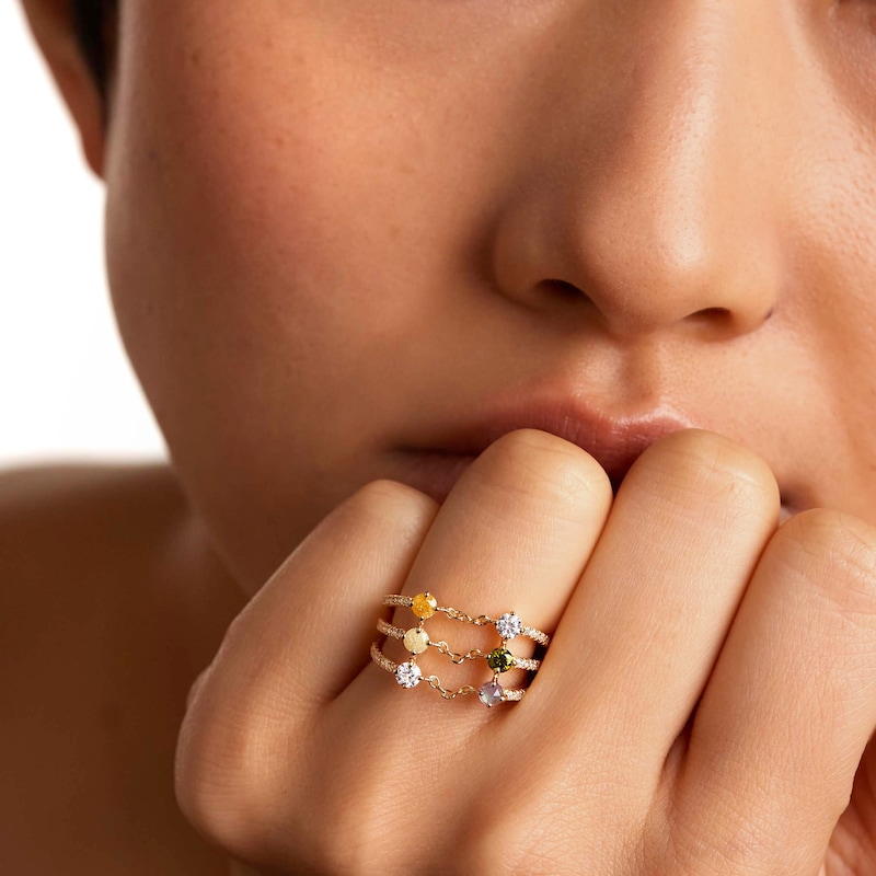 Main Image 2 of PDPAOLA™ at Zales Blue Labradorite and Multi-Color Cubic Zirconia Triple Row Ring in Sterling Silver with 18K Gold