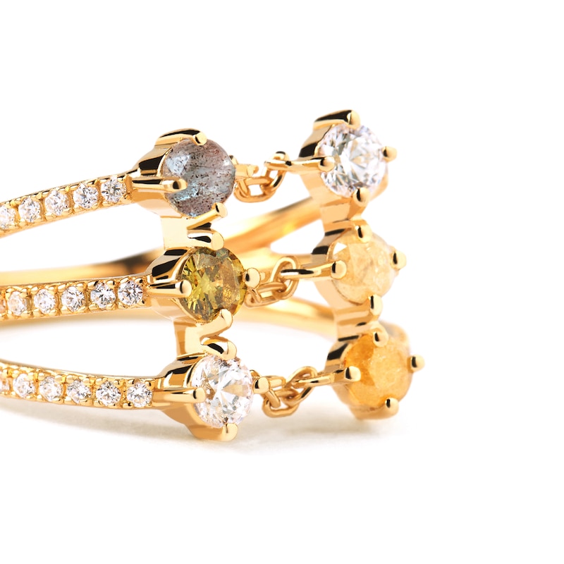 Main Image 4 of PDPAOLA™ at Zales Blue Labradorite and Multi-Color Cubic Zirconia Triple Row Ring in Sterling Silver with 18K Gold