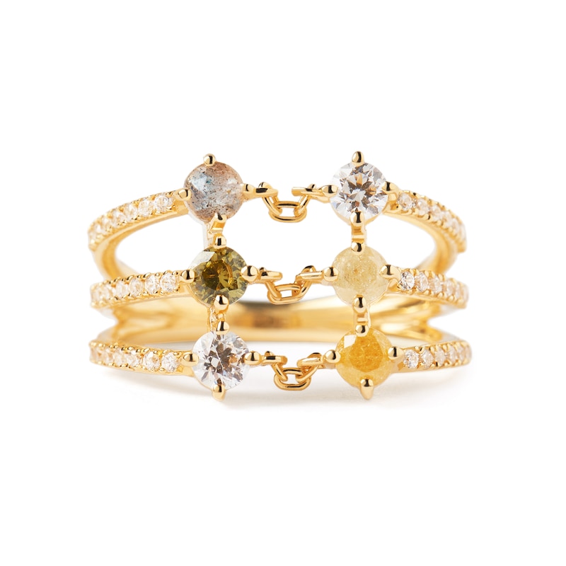 Main Image 6 of PDPAOLA™ at Zales Blue Labradorite and Multi-Color Cubic Zirconia Triple Row Ring in Sterling Silver with 18K Gold