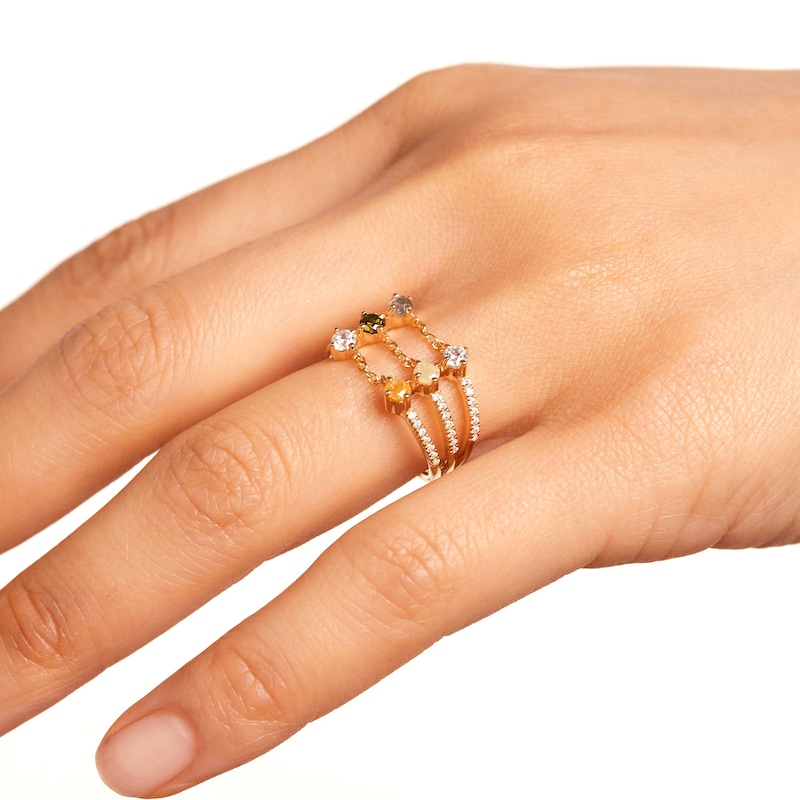 Main Image 8 of PDPAOLA™ at Zales Blue Labradorite and Multi-Color Cubic Zirconia Triple Row Ring in Sterling Silver with 18K Gold