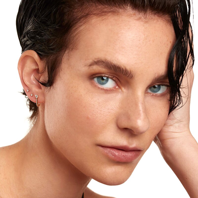 Main Image 6 of 1/6 CT. T.W. Lab-Grown Diamond Solitaire Stud and J-Drop Earrings Set in 14K Gold