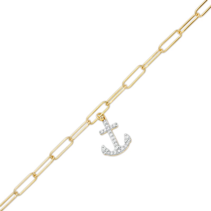 Main Image 1 of 1/5 CT. T.W. Diamond Anchor Dangle Charm Paper Clip Link Bracelet in Sterling Silver with 14K Gold Plate