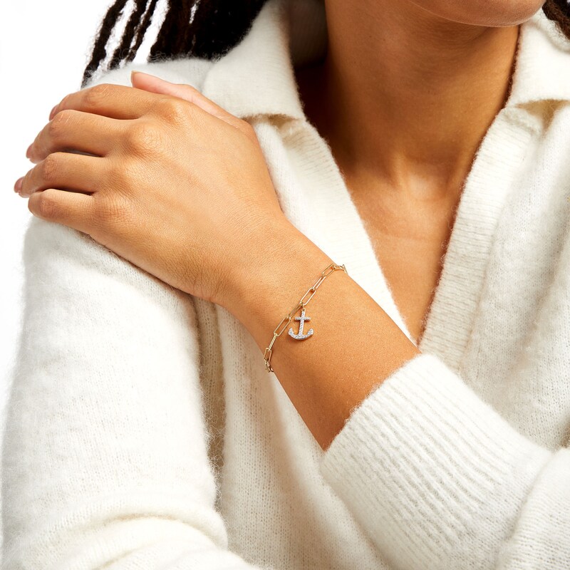 Main Image 2 of 1/5 CT. T.W. Diamond Anchor Dangle Charm Paper Clip Link Bracelet in Sterling Silver with 14K Gold Plate
