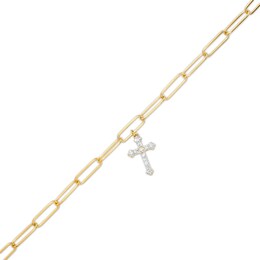 1/10 CT. T.W. Diamond Cross Dangle Charm Paper Clip Link Bracelet in Sterling Silver with 14K Gold Plate