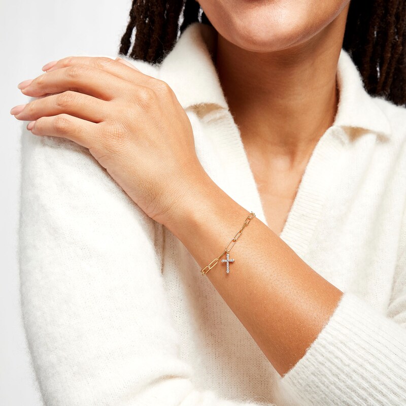 Main Image 2 of 1/10 CT. T.W. Diamond Cross Dangle Charm Paper Clip Link Bracelet in Sterling Silver with 14K Gold Plate