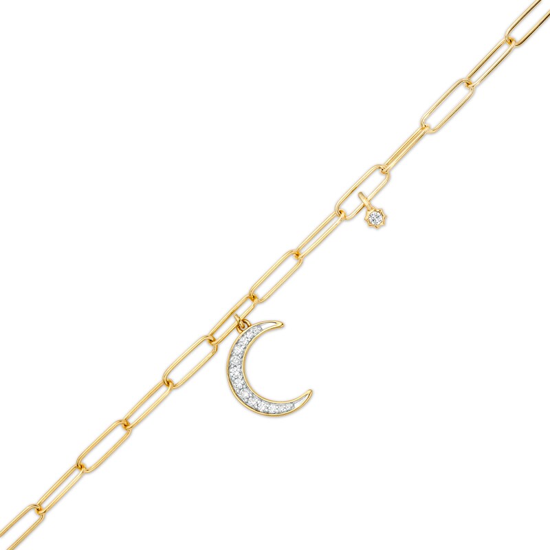 Main Image 1 of 1/5 CT. T.W. Diamond Moon and Star Dangle Charm Paper Clip Link Bracelet in Sterling Silver with 14K Gold Plate
