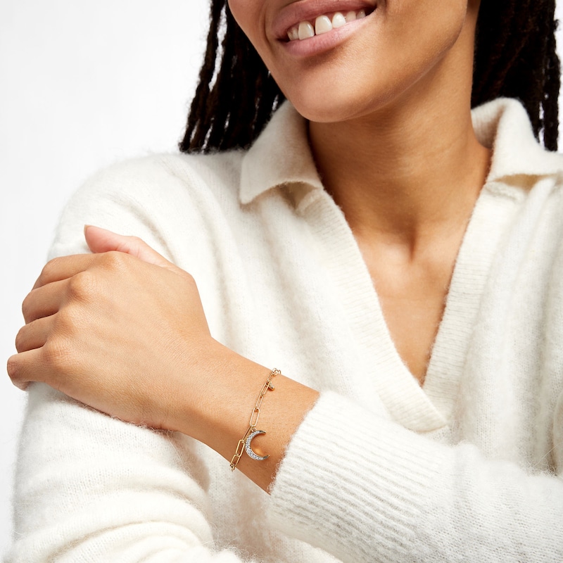 Main Image 2 of 1/5 CT. T.W. Diamond Moon and Star Dangle Charm Paper Clip Link Bracelet in Sterling Silver with 14K Gold Plate