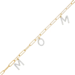 1/3 CT. T.W. Diamond &quot;MOM&quot; Dangle Charm Paper Clip Link Bracelet in Sterling Silver with 14K Gold Plate