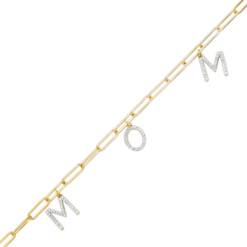 Main Image 1 of 1/3 CT. T.W. Diamond "MOM" Dangle Charm Paper Clip Link Bracelet in Sterling Silver with 14K Gold Plate