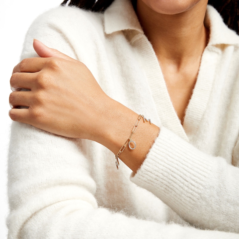 Main Image 2 of 1/3 CT. T.W. Diamond "MOM" Dangle Charm Paper Clip Link Bracelet in Sterling Silver with 14K Gold Plate