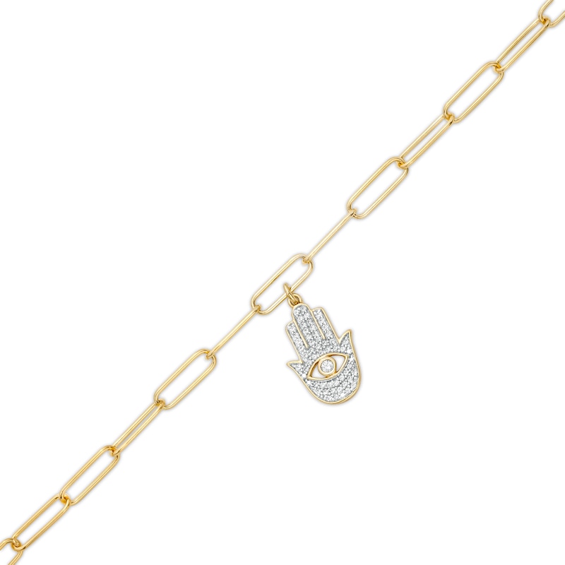 Main Image 1 of 1/5 CT. T.W. Diamond Hamsa Dangle Charm Paper Clip Link Bracelet in Sterling Silver with 14K Gold Plate