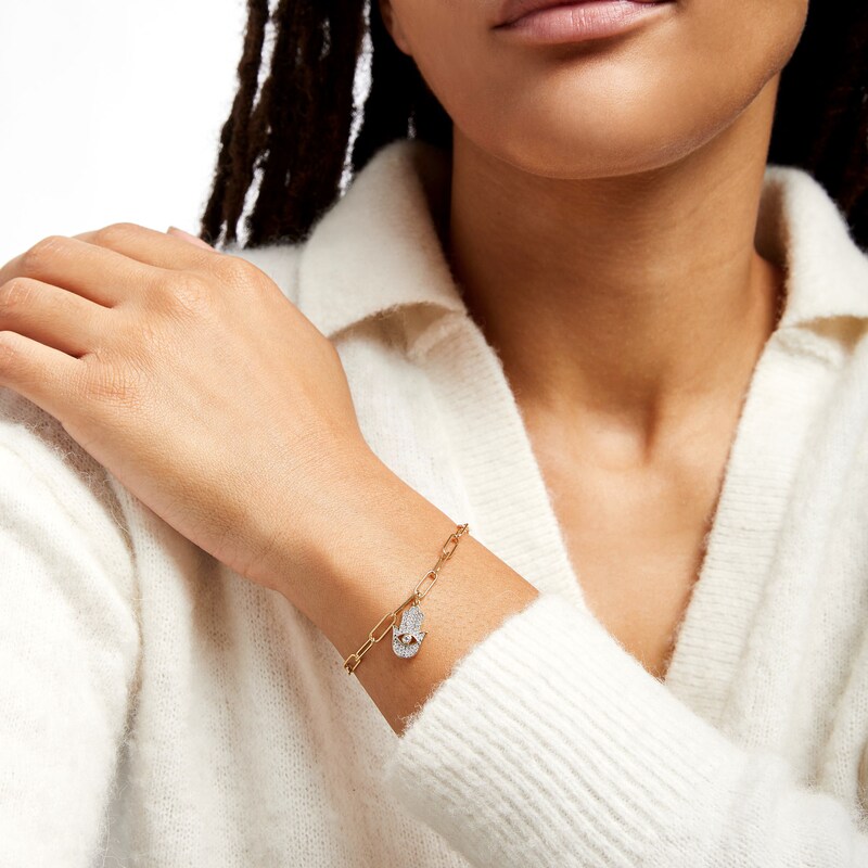 Main Image 2 of 1/5 CT. T.W. Diamond Hamsa Dangle Charm Paper Clip Link Bracelet in Sterling Silver with 14K Gold Plate