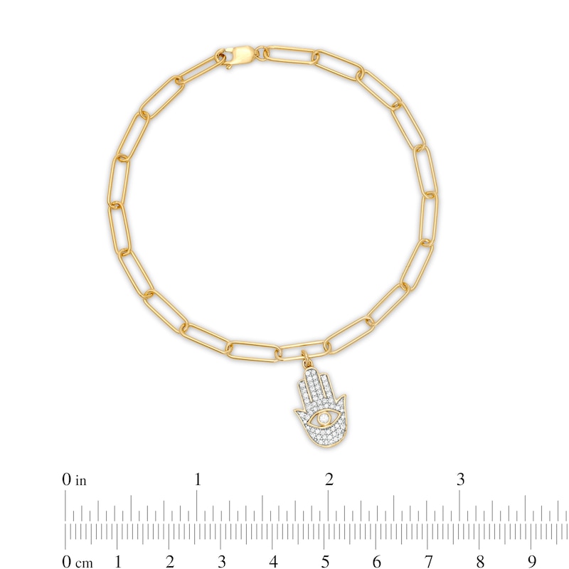 Main Image 4 of 1/5 CT. T.W. Diamond Hamsa Dangle Charm Paper Clip Link Bracelet in Sterling Silver with 14K Gold Plate