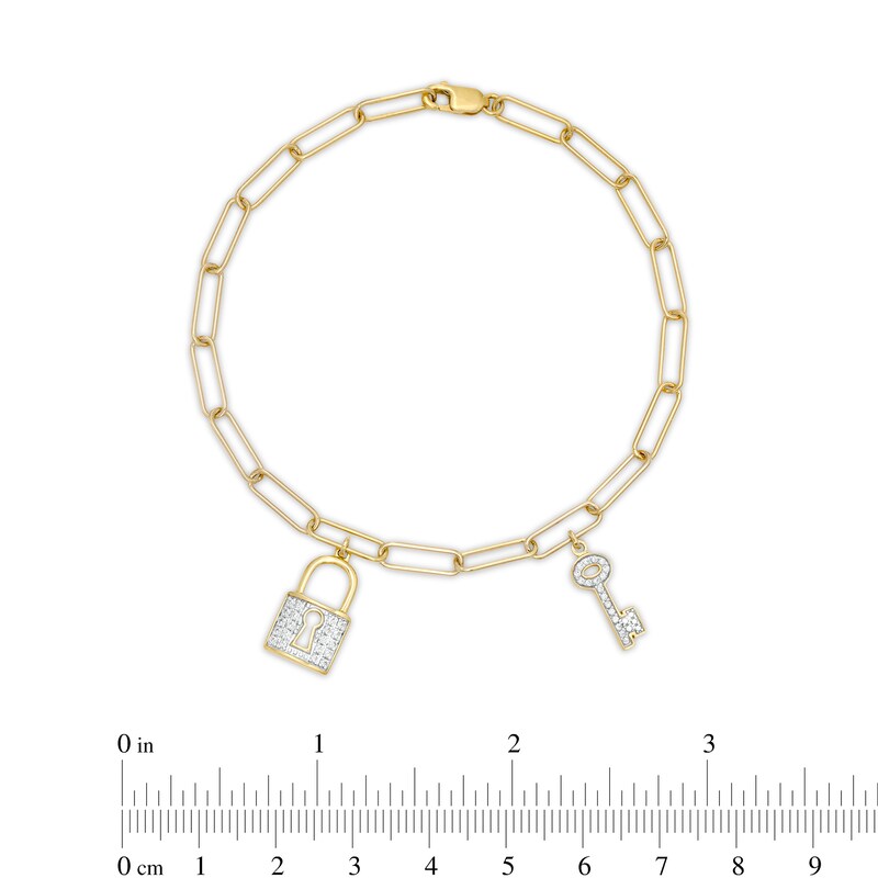 Main Image 4 of 1/5 CT. T.W. Diamond Lock and Key Dangle Charm Paper Clip Link Bracelet in Sterling Silver with 14K Gold Plate
