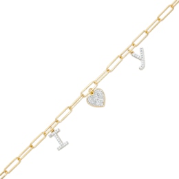 1/3 CT. T.W. Diamond &quot;I LOVE Y&quot; Dangle Charm Paper Clip Link Bracelet in Sterling Silver with 14K Gold Plate