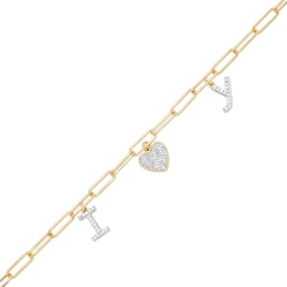1/3 CT. T.W. Diamond "I LOVE Y" Dangle Charm Paper Clip Link Bracelet in Sterling Silver with 14K Gold Plate