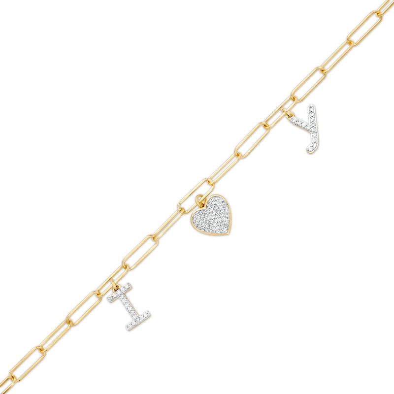 Main Image 1 of 1/3 CT. T.W. Diamond "I LOVE Y" Dangle Charm Paper Clip Link Bracelet in Sterling Silver with 14K Gold Plate