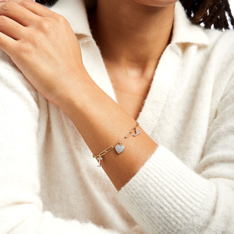 Main Image 2 of 1/3 CT. T.W. Diamond "I LOVE Y" Dangle Charm Paper Clip Link Bracelet in Sterling Silver with 14K Gold Plate