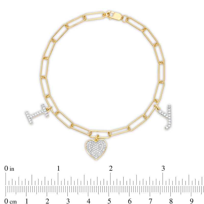 Main Image 4 of 1/3 CT. T.W. Diamond "I LOVE Y" Dangle Charm Paper Clip Link Bracelet in Sterling Silver with 14K Gold Plate