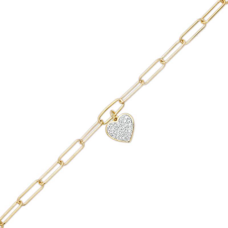 Main Image 1 of 1/5 CT. T.W. Diamond Heart Dangle Charm Paper Clip Link Bracelet in Sterling Silver with 14K Gold Plate