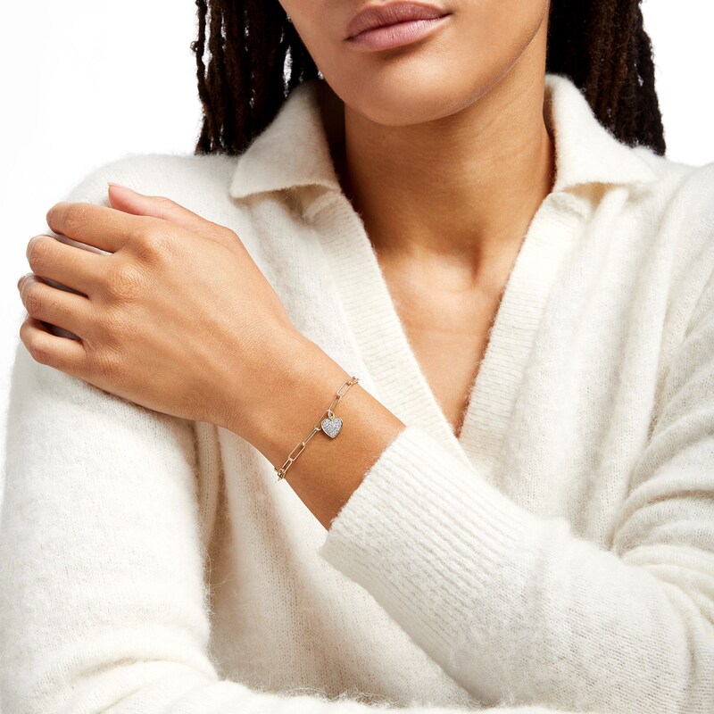 Main Image 2 of 1/5 CT. T.W. Diamond Heart Dangle Charm Paper Clip Link Bracelet in Sterling Silver with 14K Gold Plate