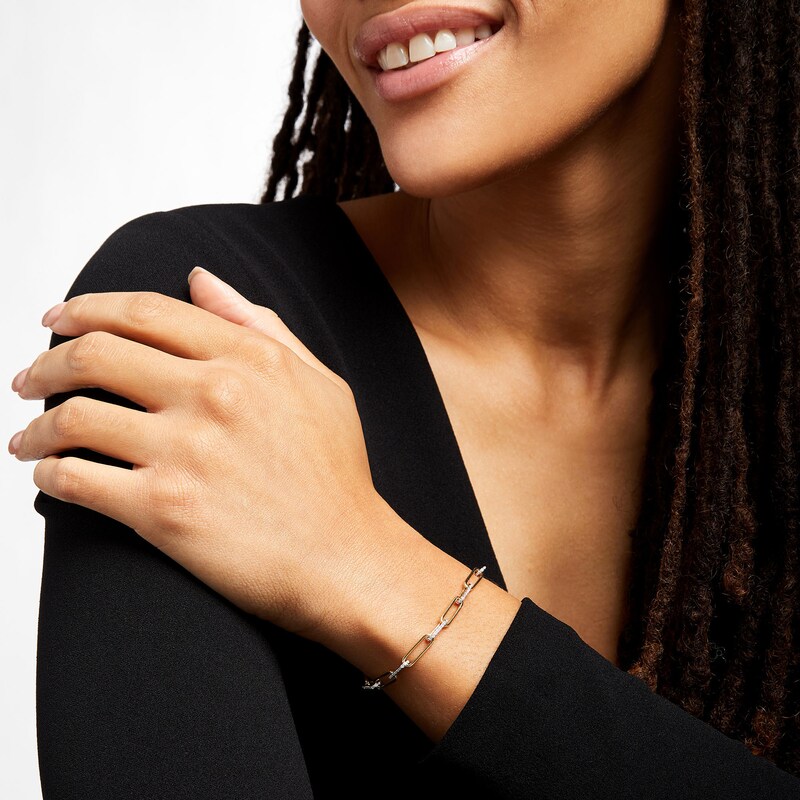 Main Image 2 of 1/2 CT. T.W. Diamond Alternating Paper Clip Link Bracelet in Sterling Silver with 14K Gold Plate