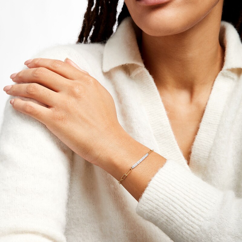 Main Image 2 of 1/6 CT. T.W. Diamond Bar Paper Clip Link Bracelet in Sterling Silver with 14K Gold Plate