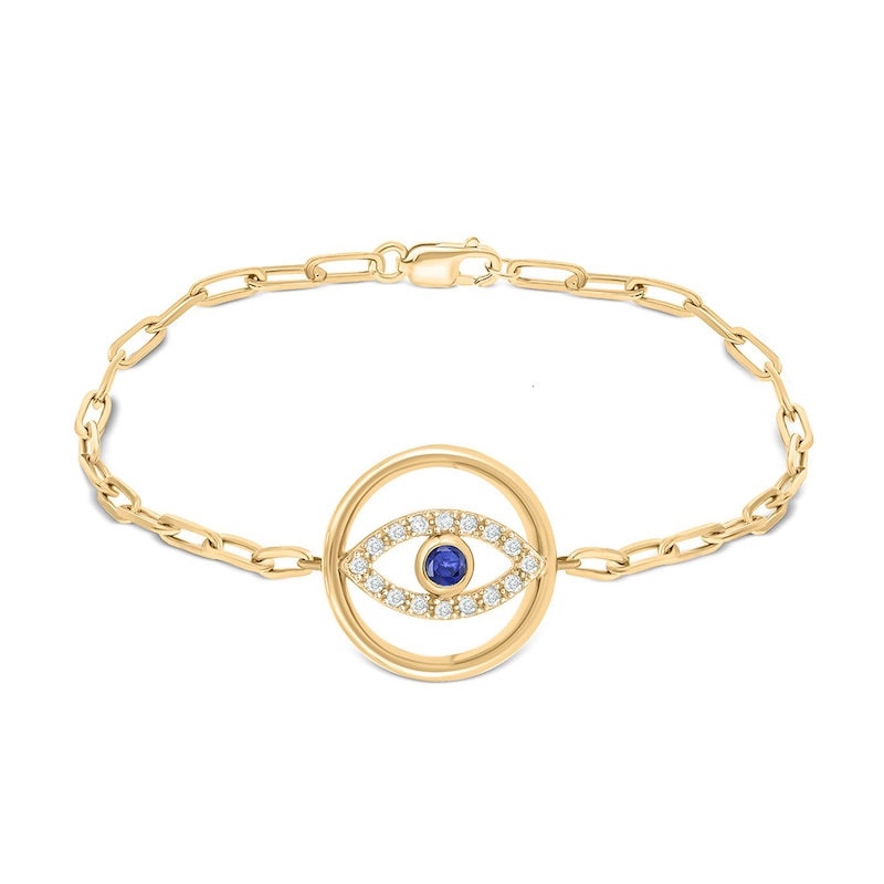 Main Image 1 of Blue Lab-Created Sapphire and 1/6 CT. T.W. Diamond Eye Paper Clip Link Bracelet in Sterling Silver with 14K Gold Plate