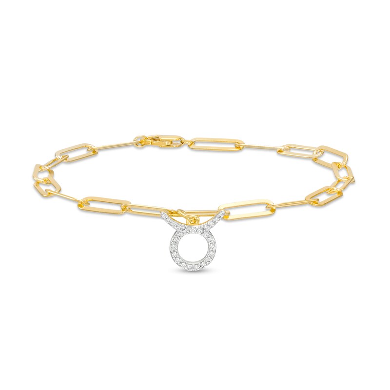 1/6 CT. T.W. Diamond Taurus Dangle Charm Paper Clip Link Bracelet in Sterling Silver with 14K Gold Plate