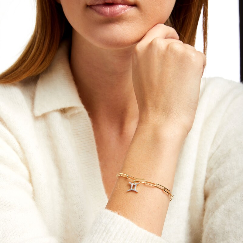 Main Image 2 of 1/6 CT. T.W. Diamond Gemini Dangle Charm Paper Clip Link Bracelet in Sterling Silver with 14K Gold Plate