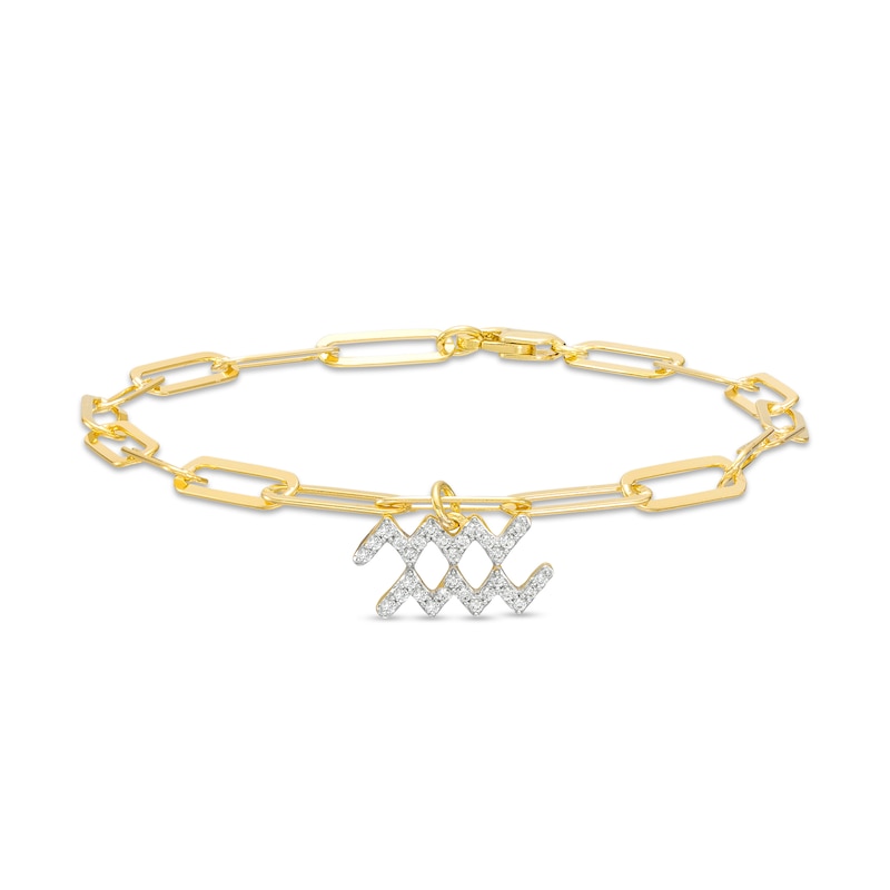 Main Image 1 of 1/6 CT. T.W. Diamond Aquarius Dangle Charm Paper Clip Link Bracelet in Sterling Silver with 14K Gold Plate
