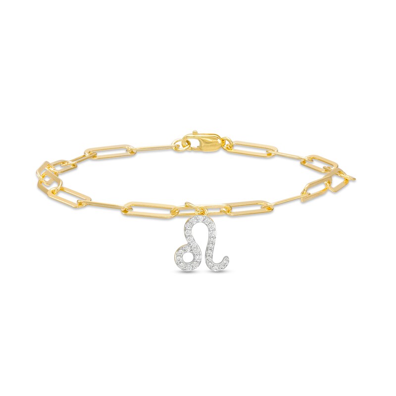 Main Image 1 of 1/6 CT. T.W. Diamond Leo Dangle Charm Paper Clip Link Bracelet in Sterling Silver with 14K Gold Plate