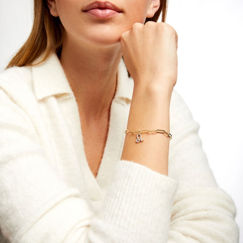 Main Image 2 of 1/6 CT. T.W. Diamond Leo Dangle Charm Paper Clip Link Bracelet in Sterling Silver with 14K Gold Plate